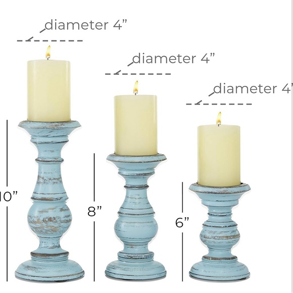 NIB - Set of 3- 6”, 8”, & 10” Tall Wood Rustic Pillar Candle Holders, Light Blue - Picture 5 of 8